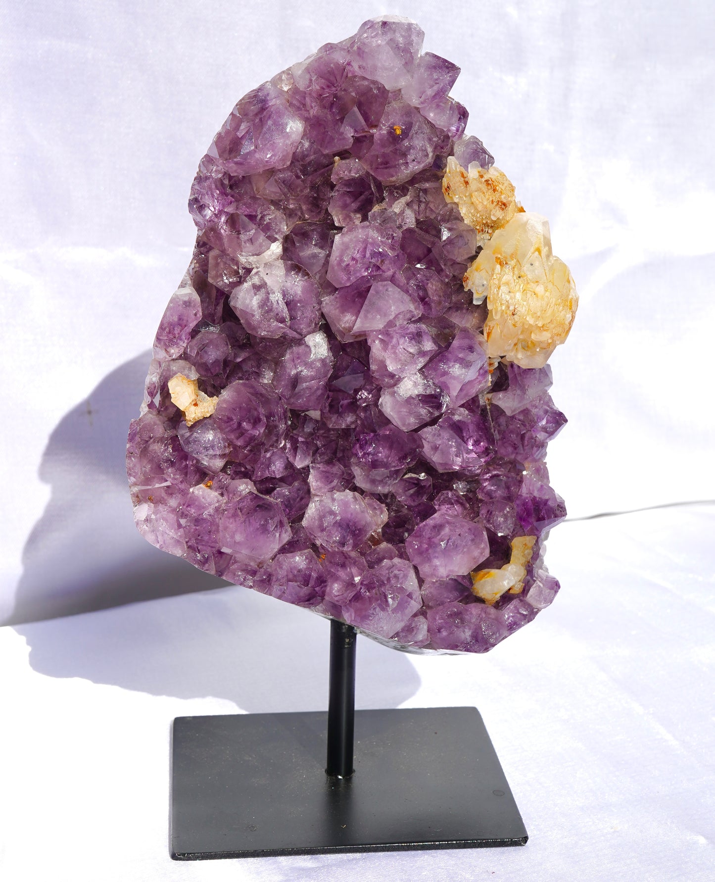 Amethyst Cluster with Calcite On Metal Stand