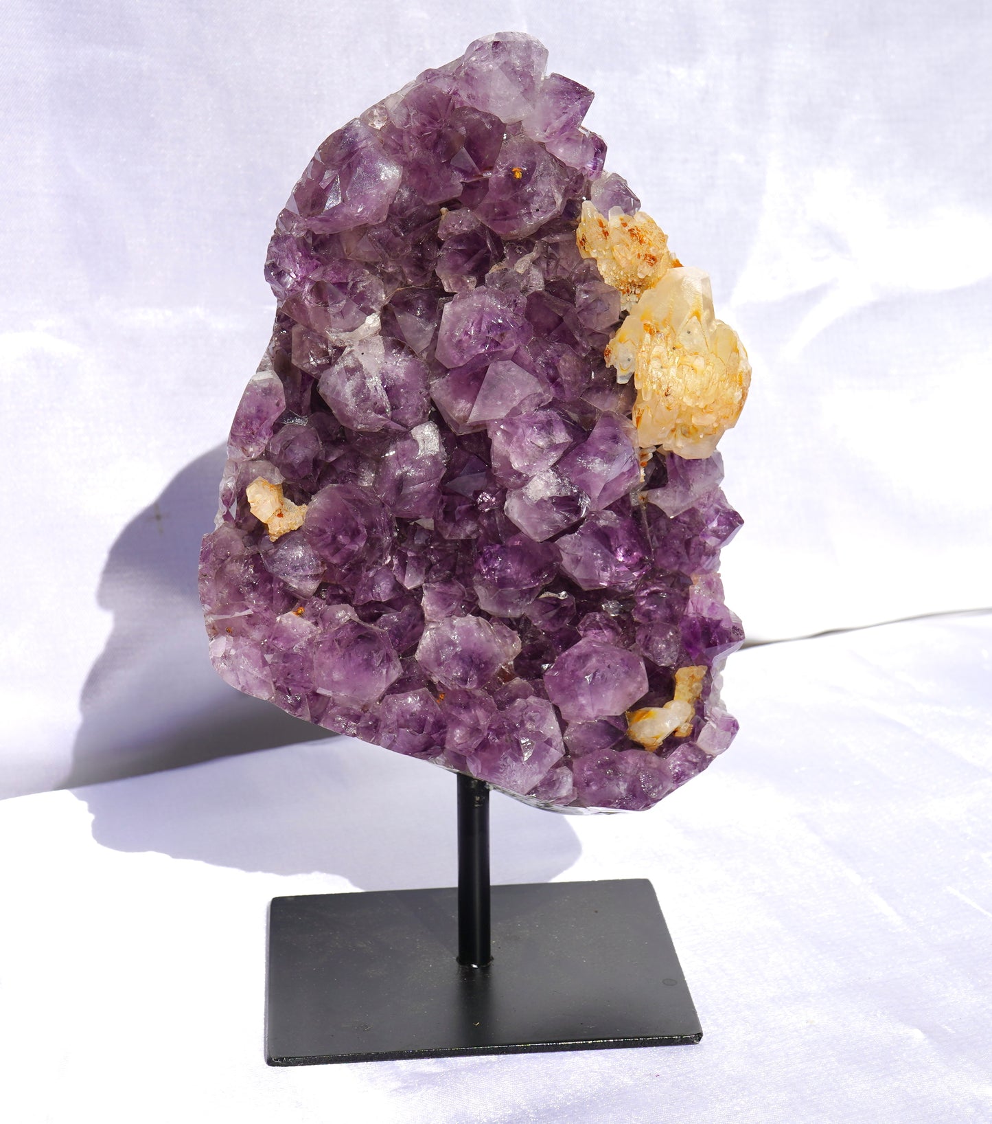 Amethyst Cluster with Calcite On Metal Stand
