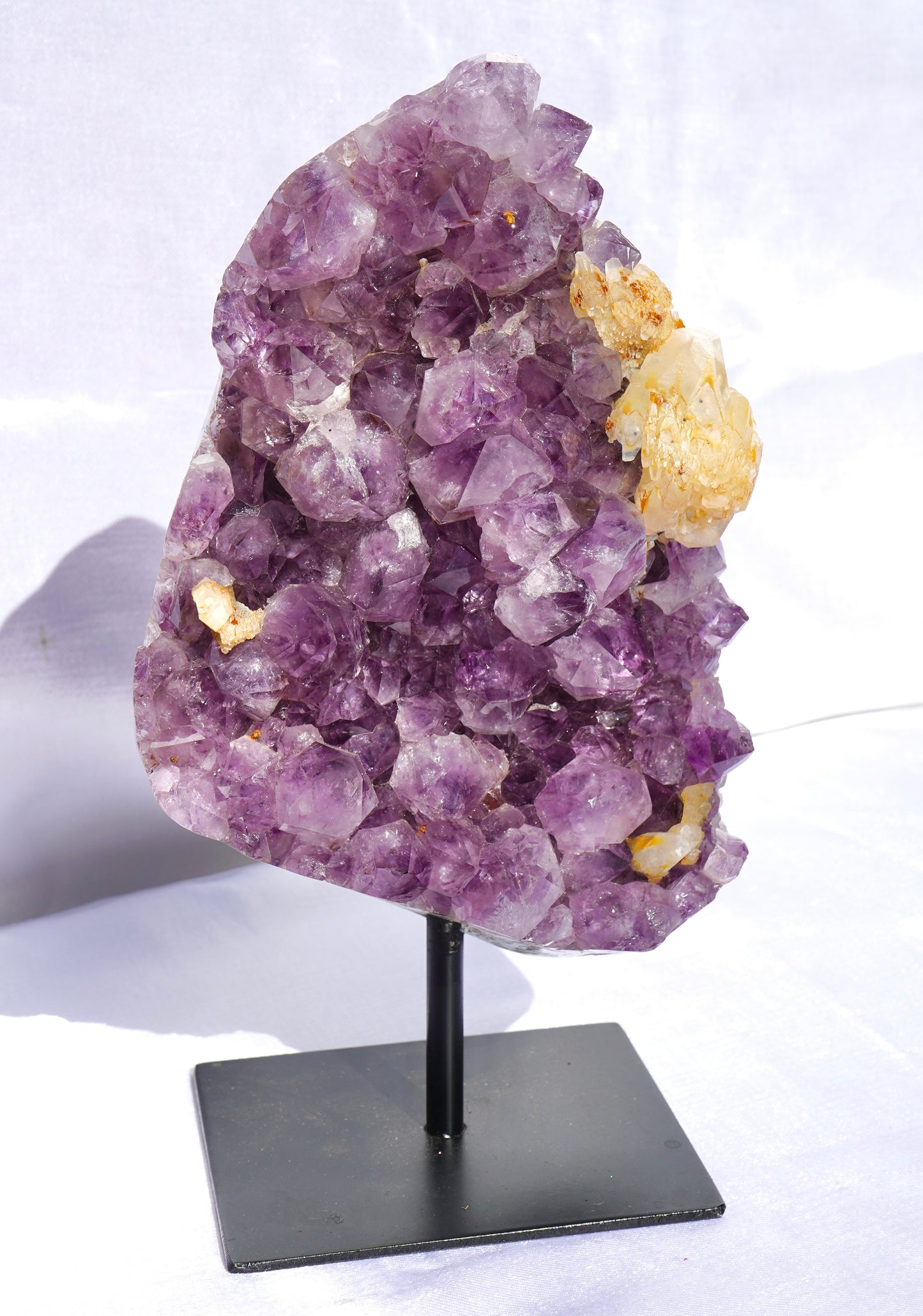 Amethyst Cluster with Calcite On Metal Stand