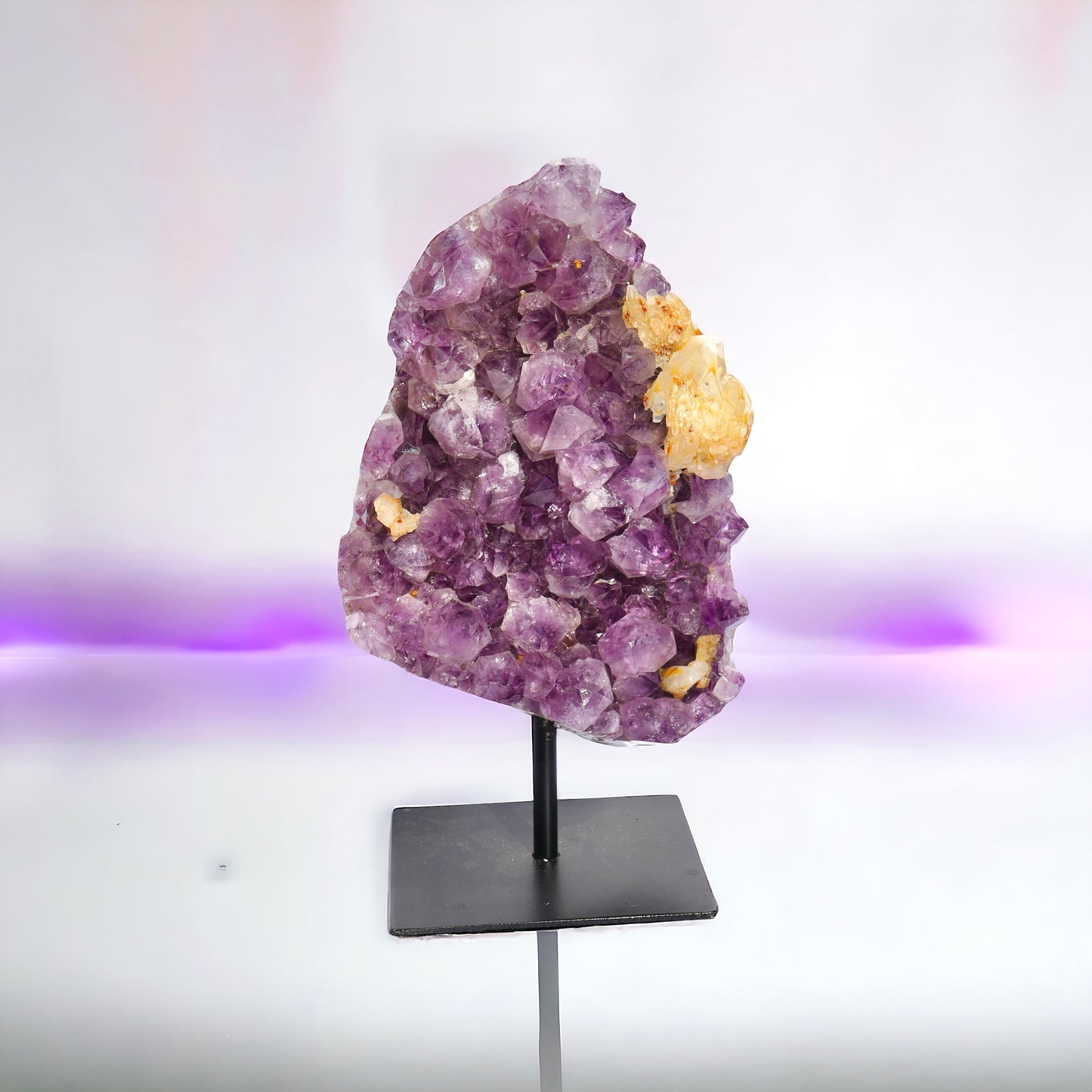 Amethyst Cluster with Calcite On Metal Stand