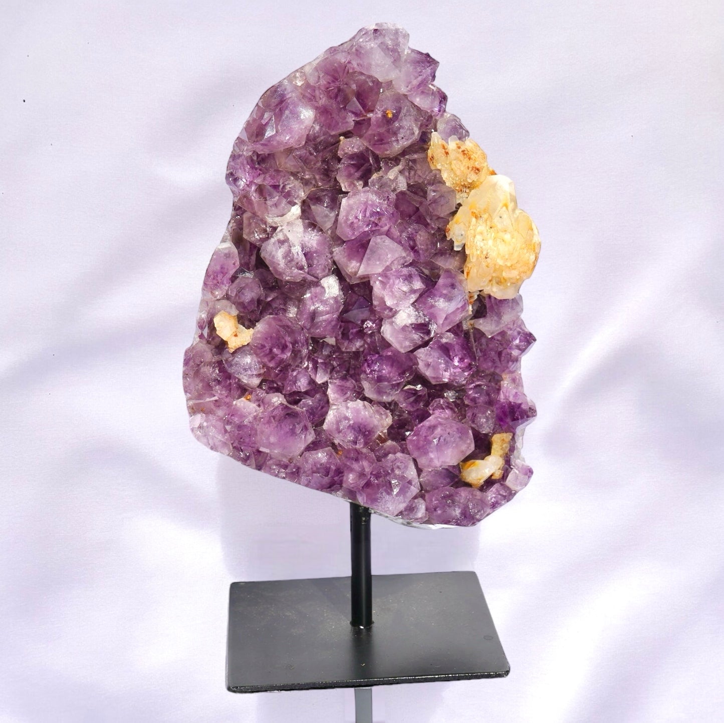 Amethyst Cluster with Calcite On Metal Stand